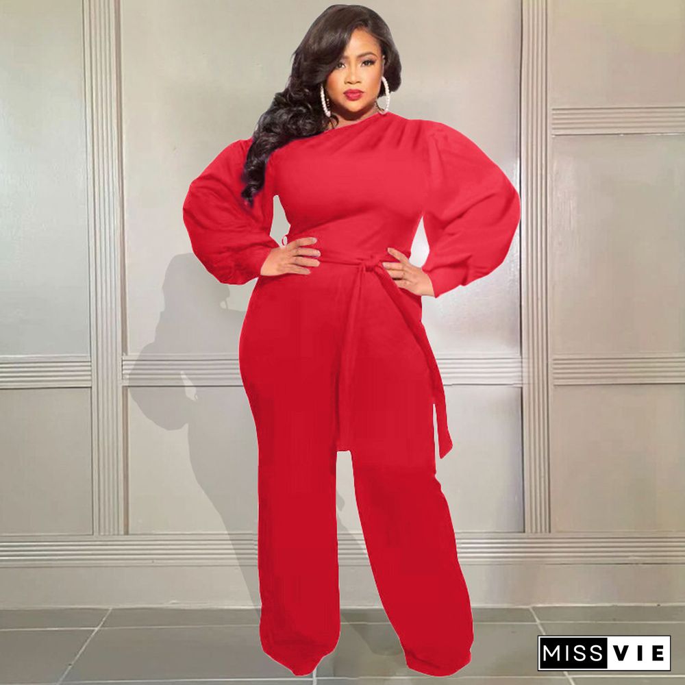 Long Sleeve Lace Up Plus Size Wide Leg Jumpsuits