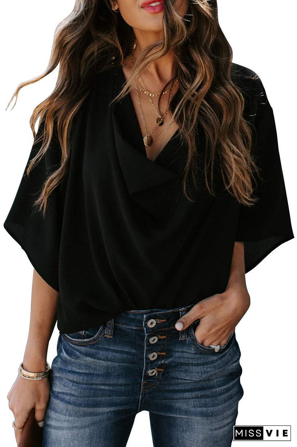 Casual Solid Flounce V Neck T-Shirts