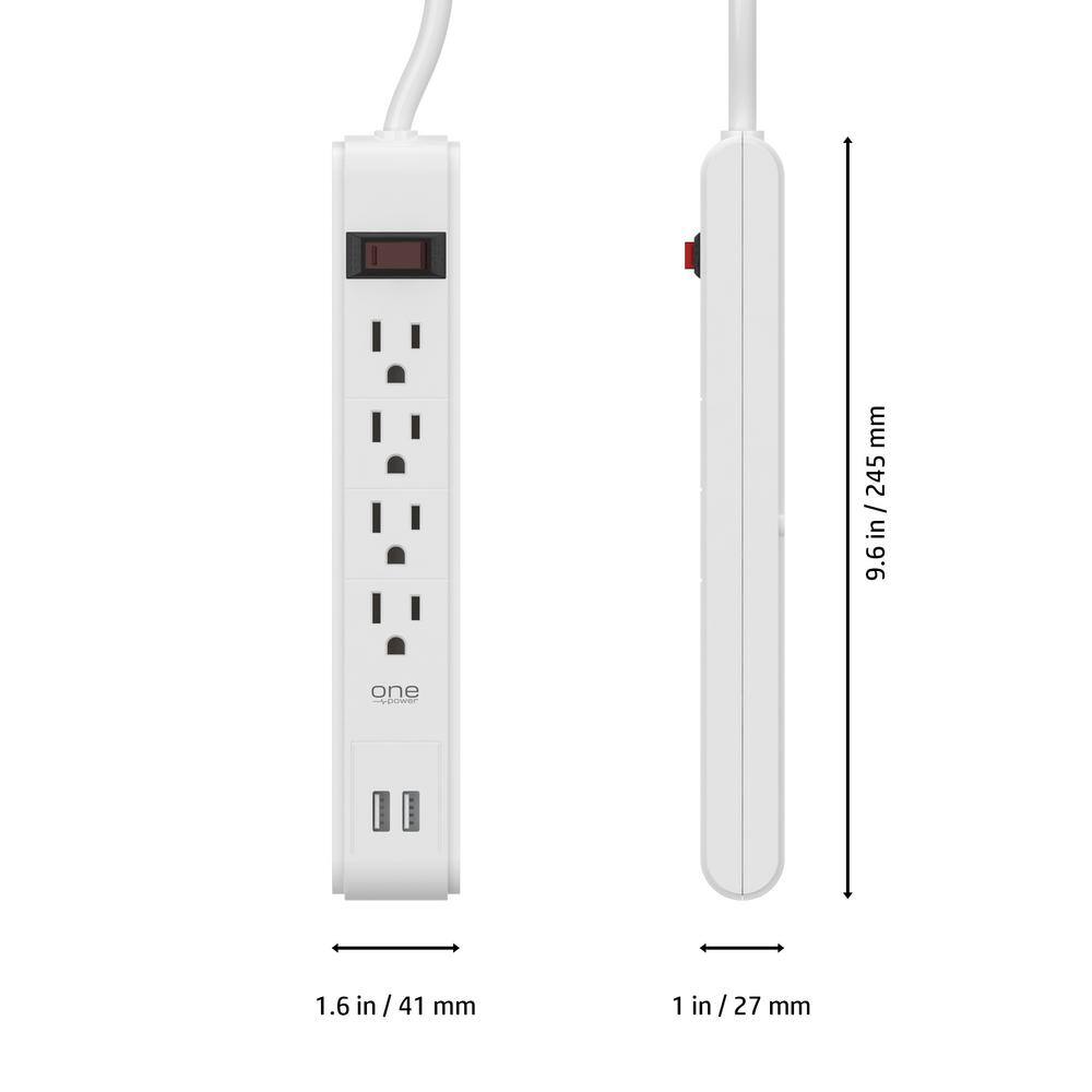 ProMounts Slim Universal 4 Outlet and 2 USB Surge Protector Power Strip with Flat Plug and 4 Ft. Cable ETL Certified PSS421