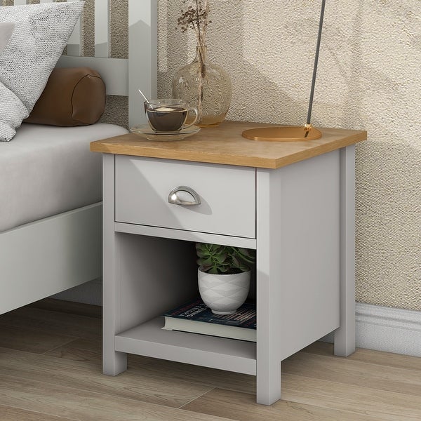 Oak Wooden Gray Solid 1-Drawer Nightstand Side Table