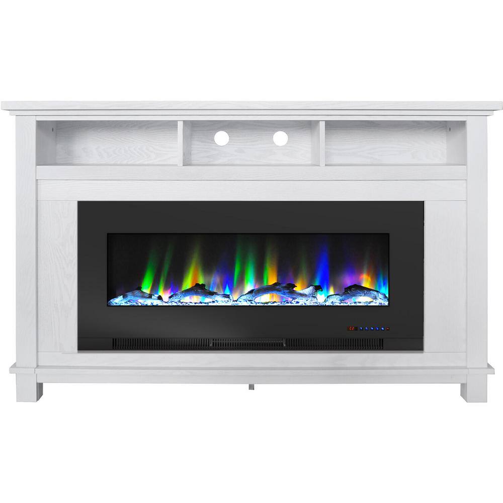 Hanover Winchester 57.8 in. Freestanding Electric Fireplace TV Stand in White and with Black Driftwood Log Display FS5735-2BWT