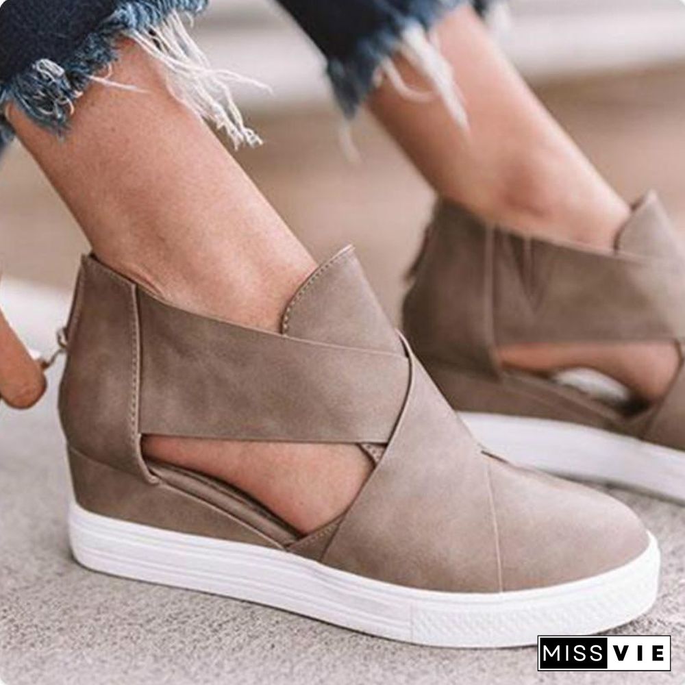 Women Solid High Flats wedges Heel Height Increasing Chunky Platform Vulcanized Sneakers Shoes