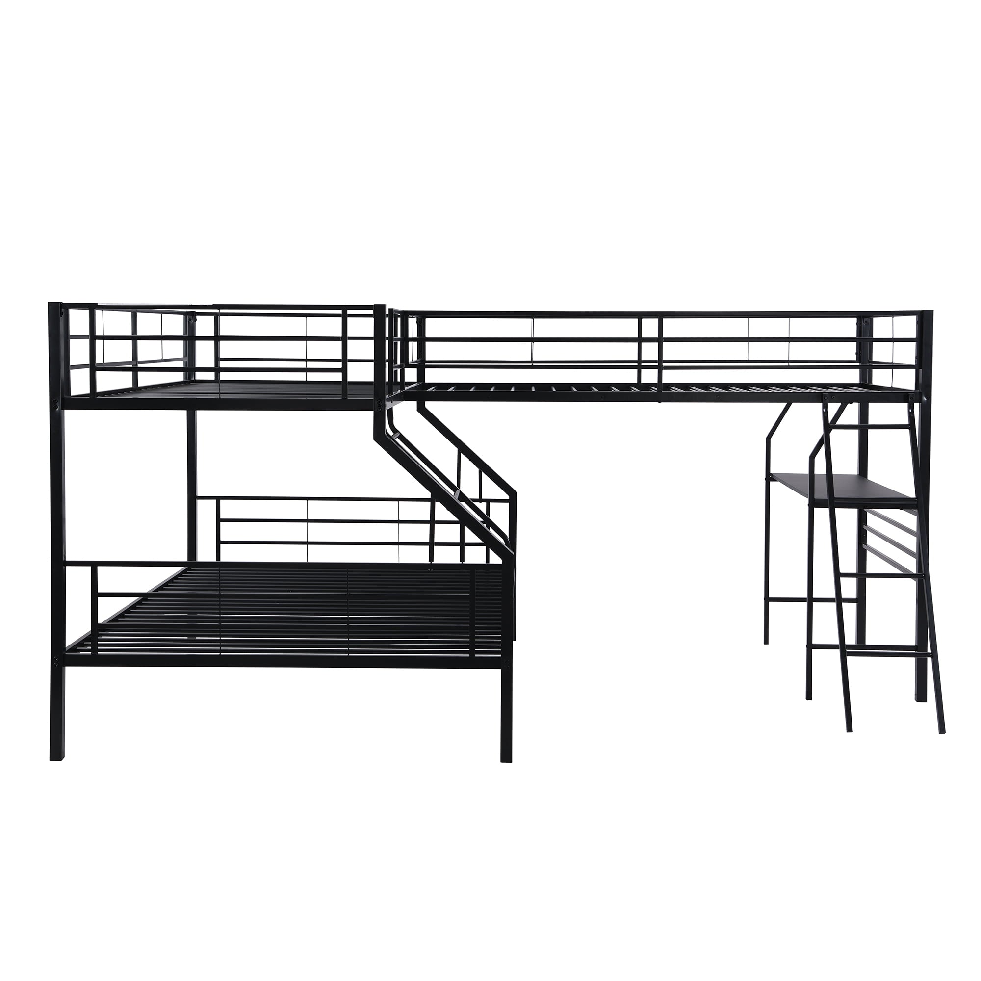 Euroco Twin L-Shaped Metal Bunk Bed with Built-in Study Desk for Kids' Bedroom, Black