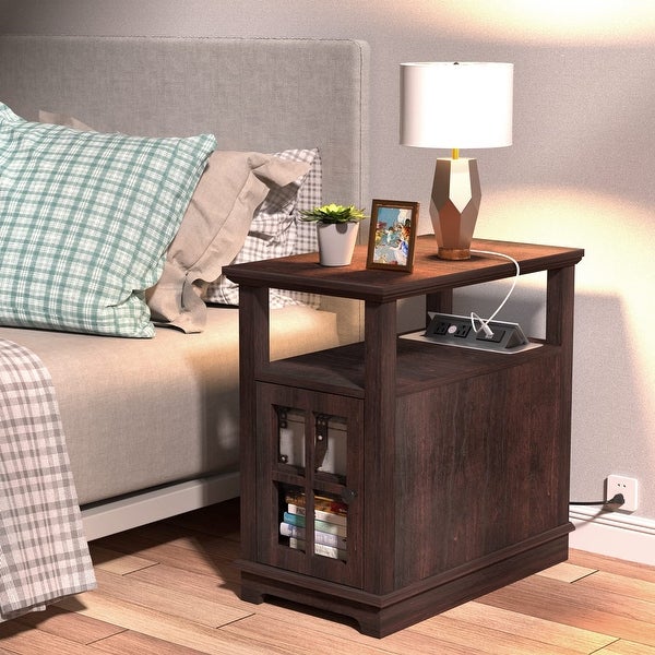 Side Table with Charging Station， Storage End Table， Bedside Table with USB Ports and Outlets，