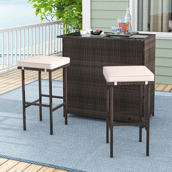 Costway 3 PCS Patio Bar Set with Tempered Glass Tabletop 2Tier