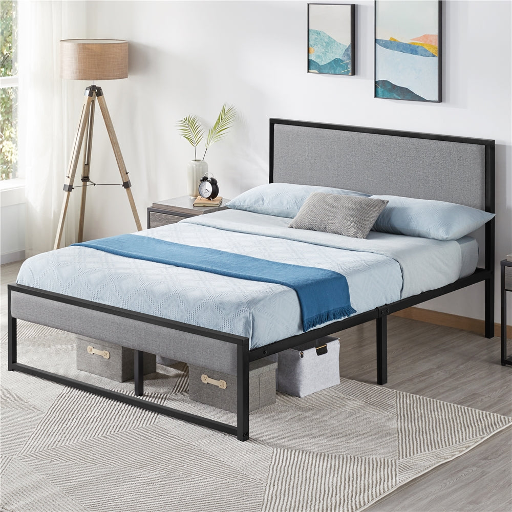 Easyfashion Metal Upholstered Platform Bed Base with Linen Headboard, Light Gray, Full