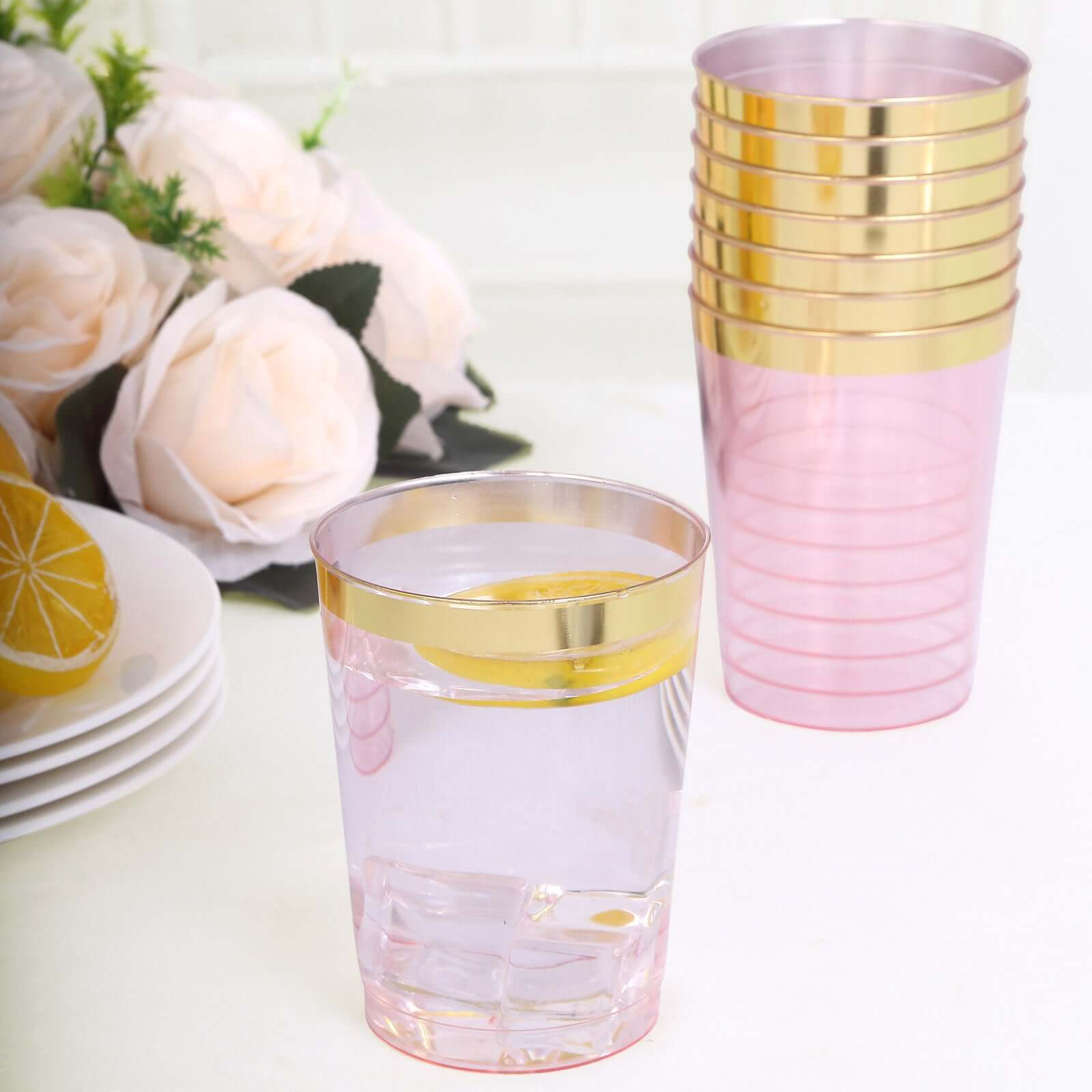 25 Pack Transparent Blush Crystal Plastic Tumbler Drink Glasses With Gold Rim, Disposable Party Cups 10oz