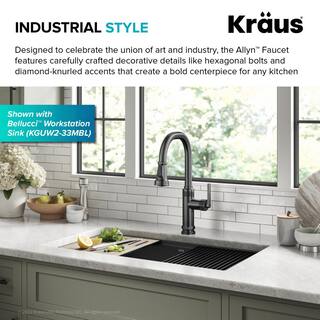 KRAUS Allyn Industrial Pull-Down Single Handle Kitchen Faucet in Spot-Free Black Stainless Steel KPF-4102SFSB