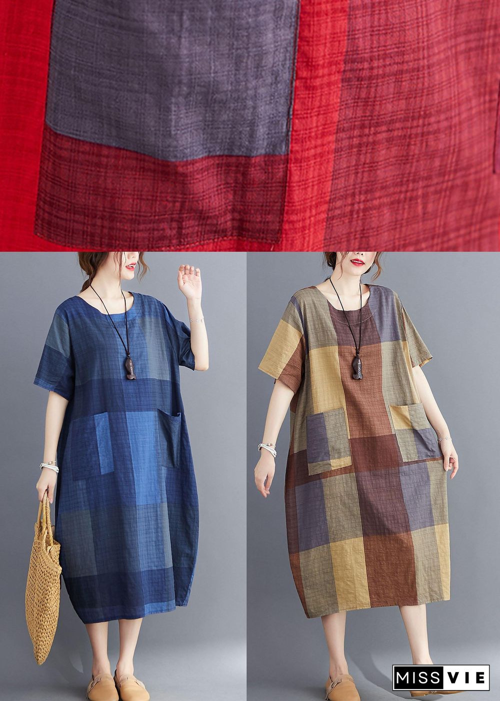 Plus Size Corron Linen Red O Neck Plaid Summer Maxi Dresses