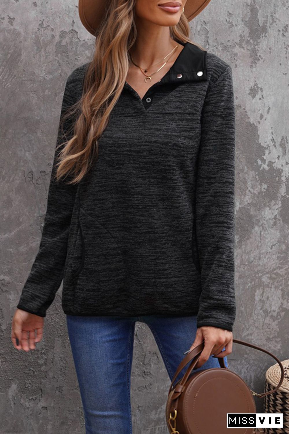 Black Heathered Turn-down Collar Pullover Sweatshirt