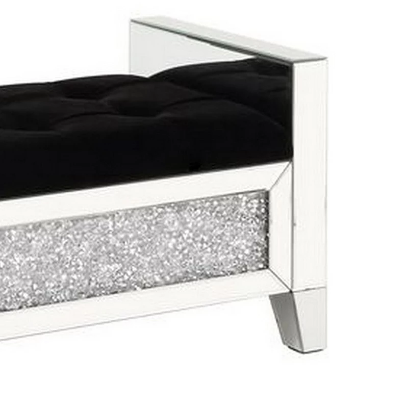 Mirrored Bench with Faux Diamonds and Button Tufted Seat， Silver