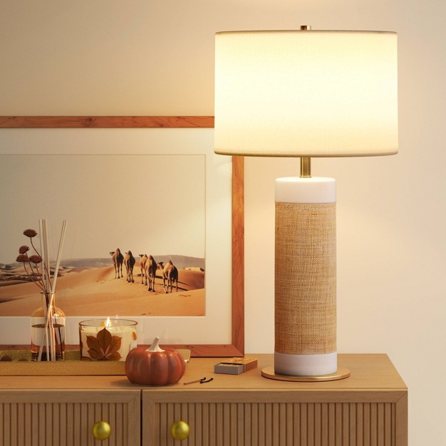 Ceramic Table Lamp With Natural Wrap White