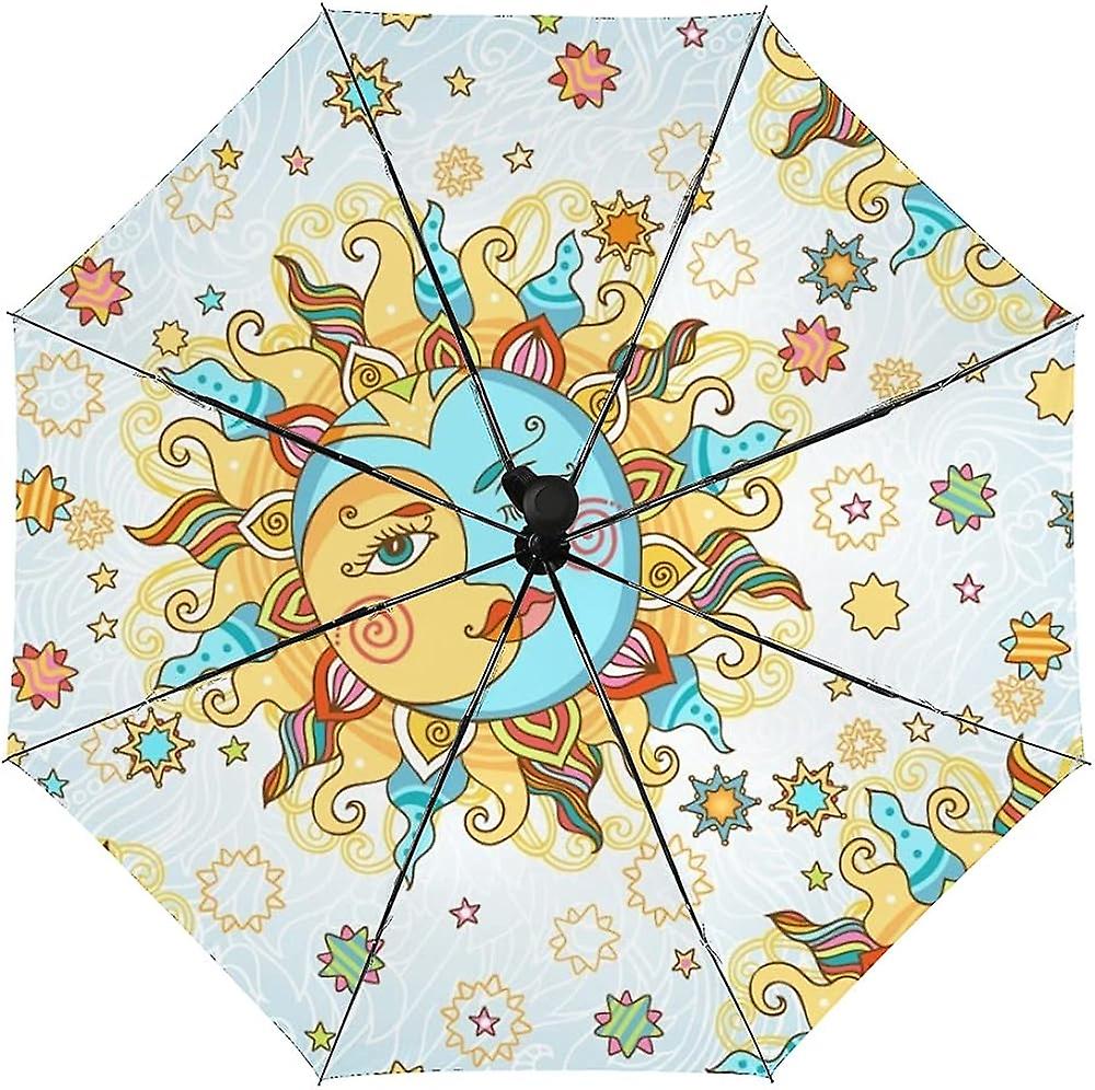 Colourlife Travel Umbrella Blue Pattern Sun Moon And Stars Automatic Windproof Foldable Umbrella For Sun and Rain