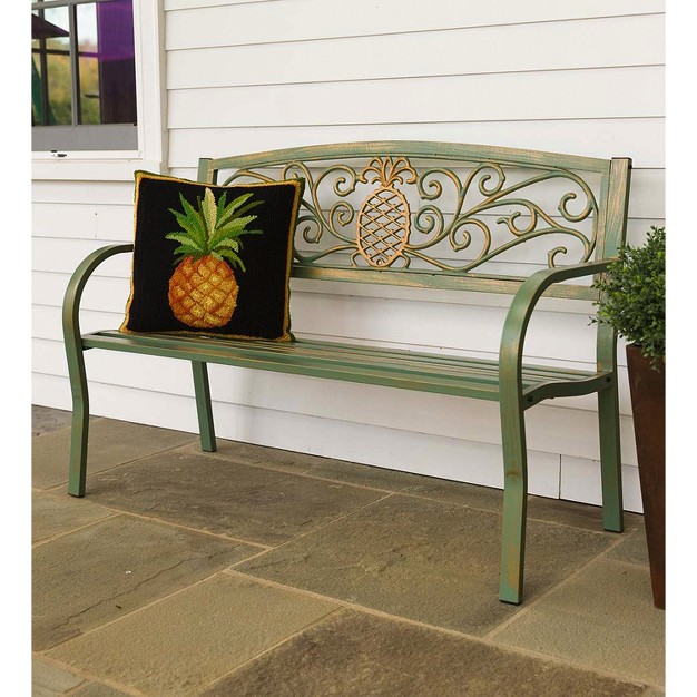 Evergreen Pineapple Metal Garden Bench Verdigris