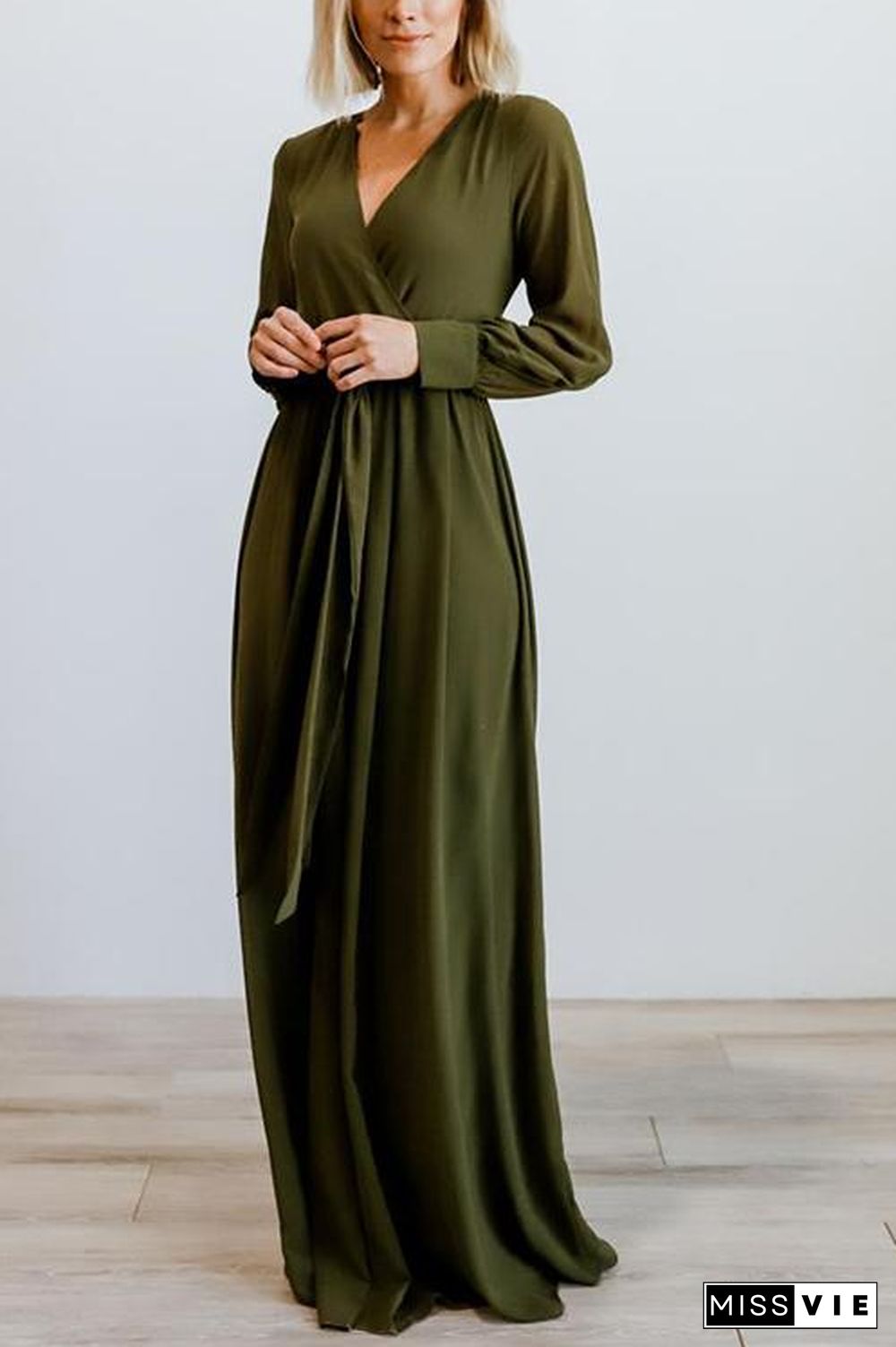 Button Puff Sleeve Belted Maxi Dress