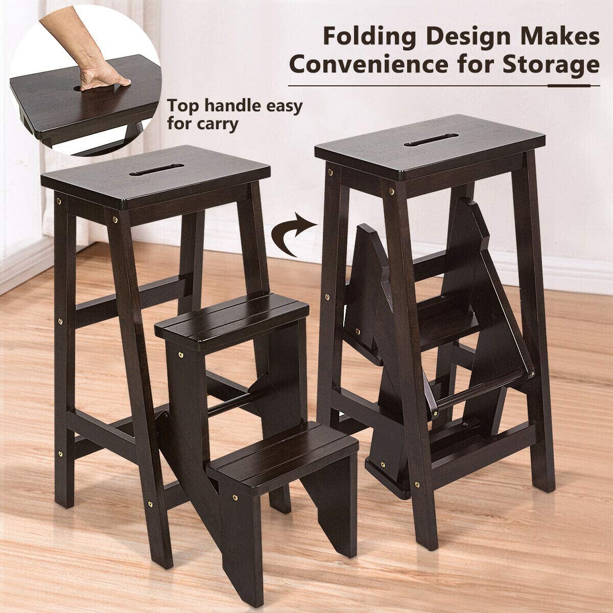 Folding Step Stool 3 Tier Wood Ladder, 3-in-1 Design with Ladder