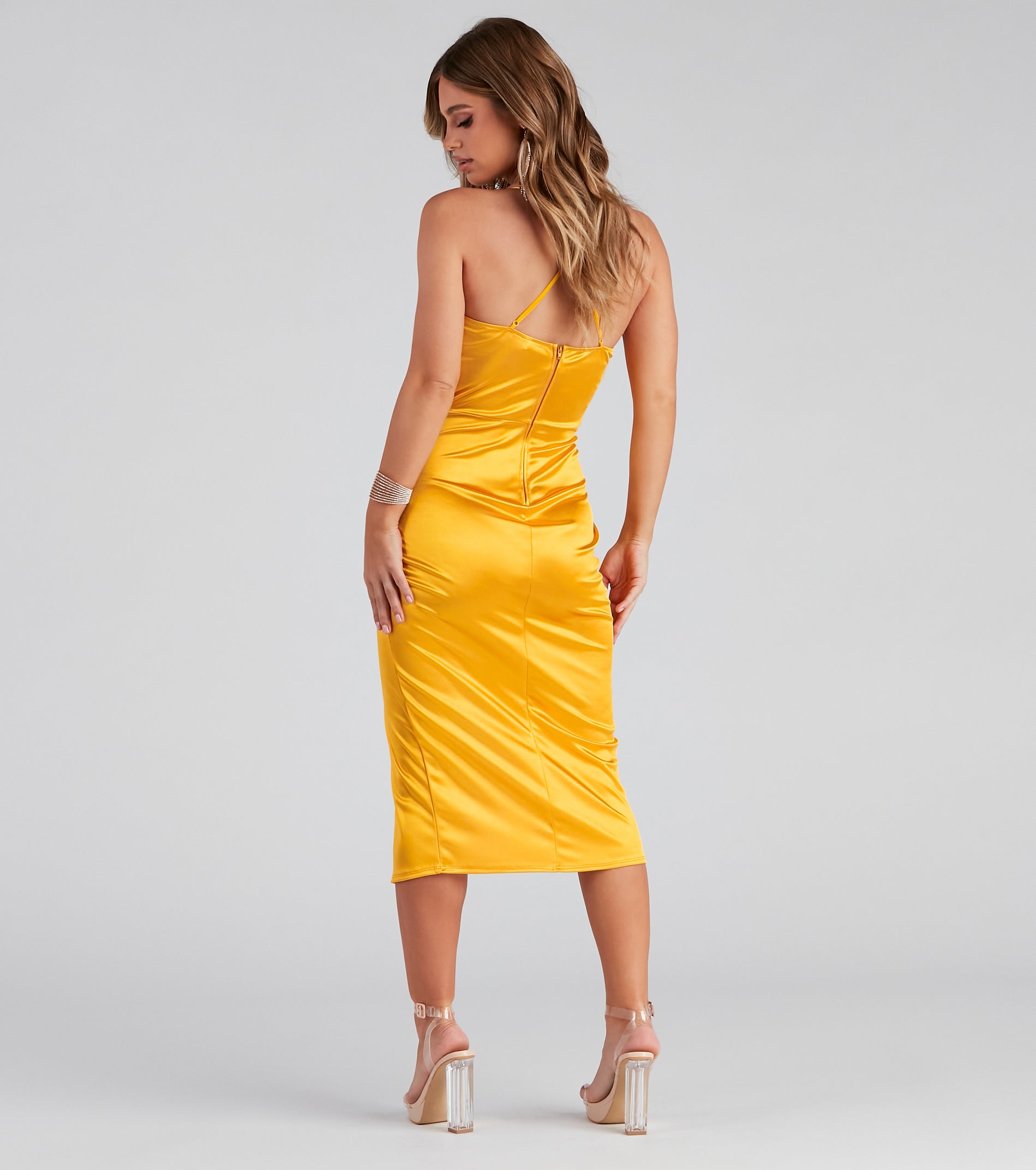 Lillyanne Formal Satin Asymmetrical Midi Dress