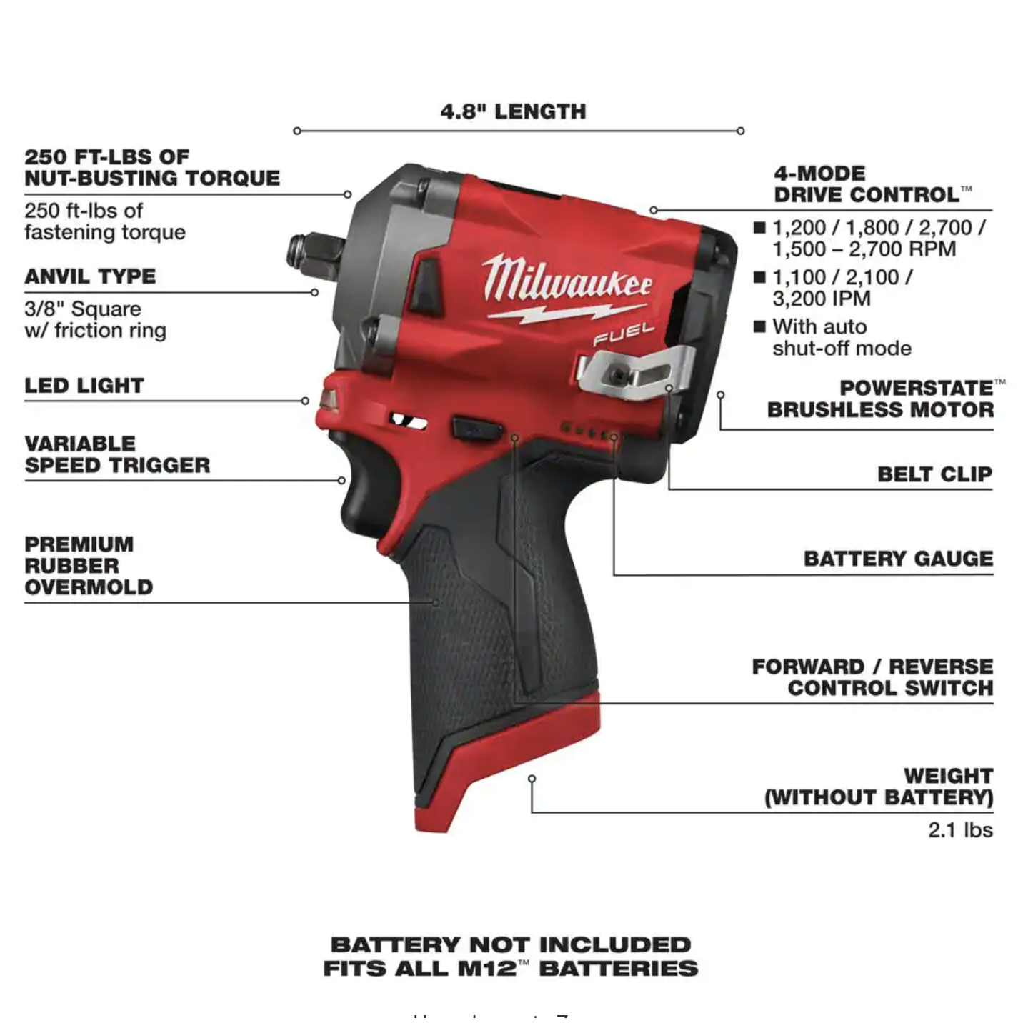 Milwaukee M12 FUEL 12V Lithium-Ion Brushless Cordless Stubby 3/8 in. Impact Wrench， Tool-Only (2554-20)