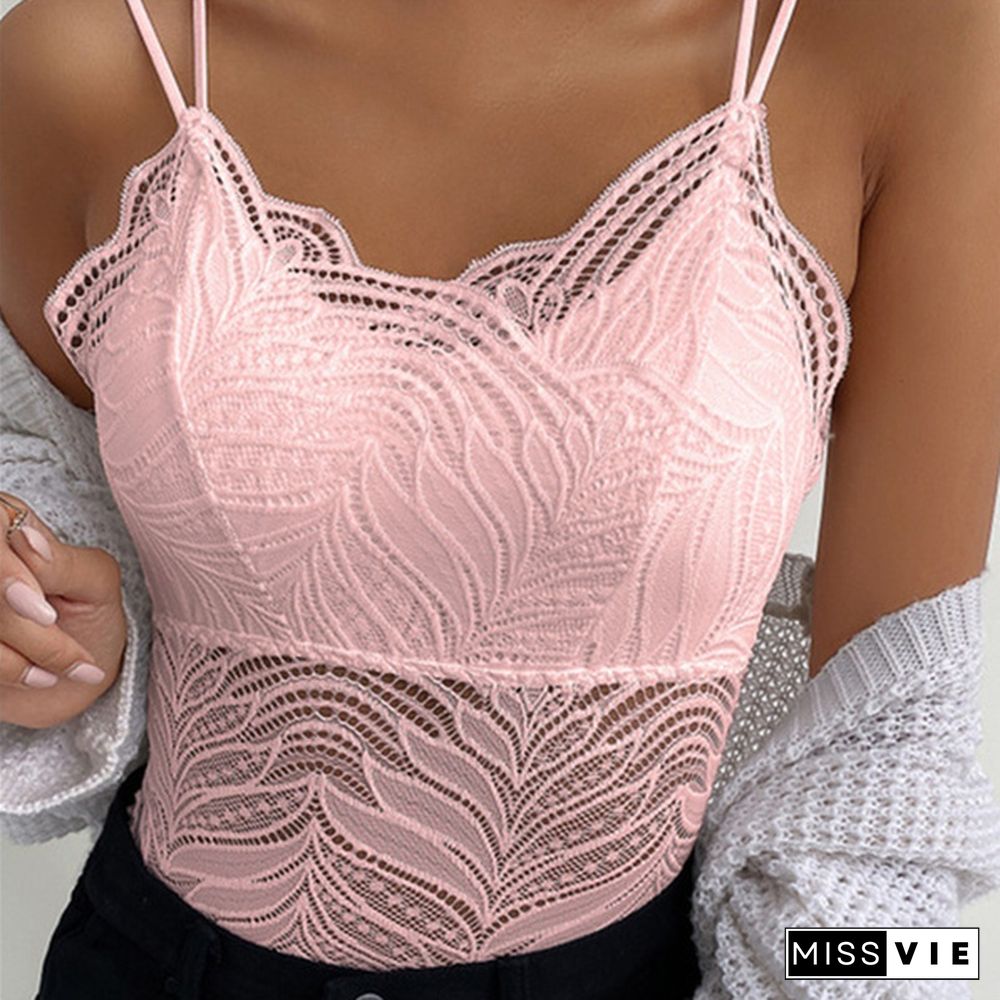 New Arrival Summer Fashion Women's Sexy V-Neck Spaghetti Strips Sleeveless Lace Vest Tops Solid Color Slim Fit Tank Top Plus Size