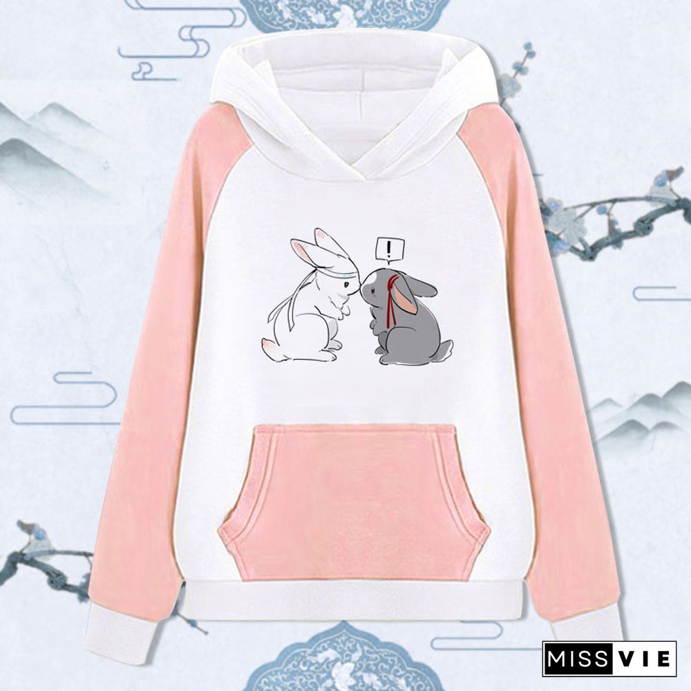 Cute Rabbit Print Pocket Hoodie