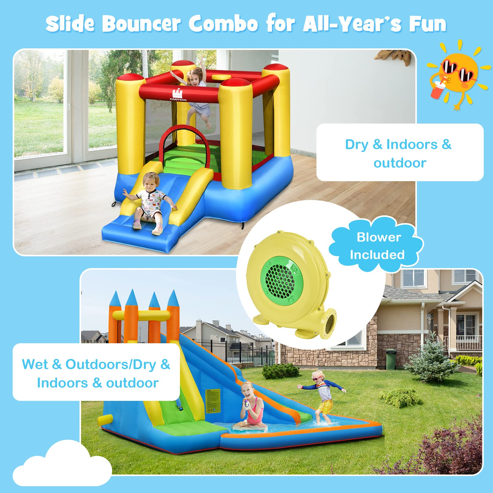 BOUNTECH Kids Jumper Bounce House with Water Slide, Inflatable Slide Bouncer Combo w/ Air Blower (2 in 1 Combo)