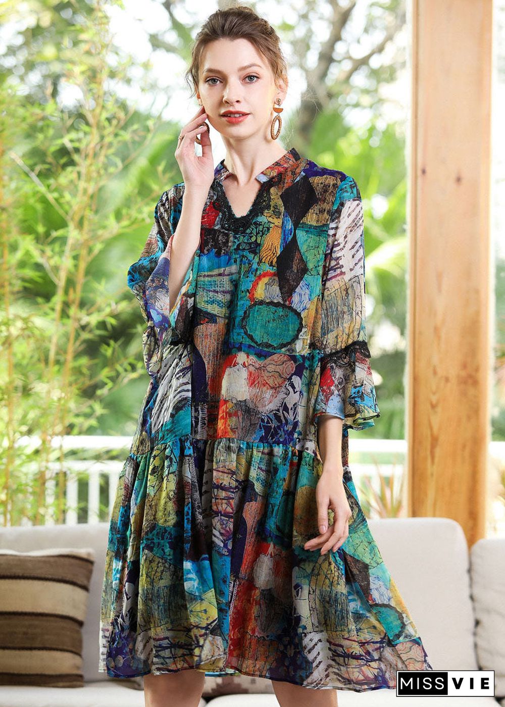 Modern Blue V Neck Patchwork Print Chiffon Party Dress Bracelet Sleeve