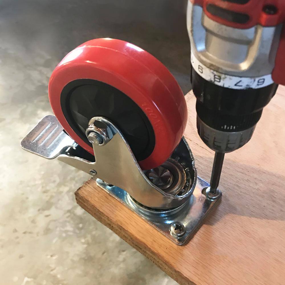 Everbilt 4 in. Red Polyurethane and Steel Swivel Plate Caster with Locking Brake and 250 lbs. Load Rating 4120745EB