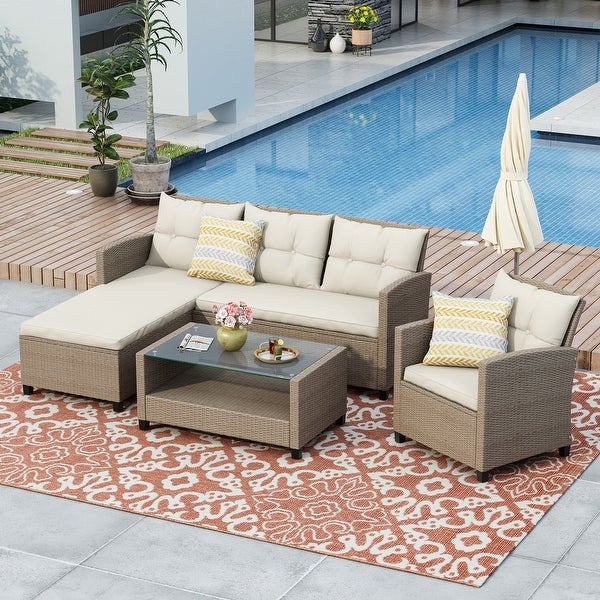 4 Piece Outdoor Patio Furniture Sets， Conversation Set Wicker Ratten Sectional Sofa with Seat Cushions(Beige Brown) - Overstock - 37403557