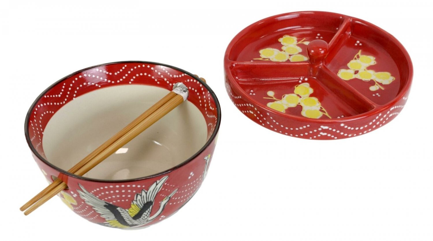 1 Red Flying Crane Ramen Bowl With Tempura Divider Condiment Lid Chopsticks Set EBR02