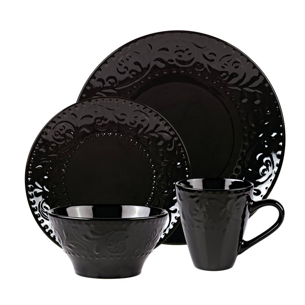 Lorren Home Trends 16-Piece Stoneware Scroll Dinnerware Set-Black LH528