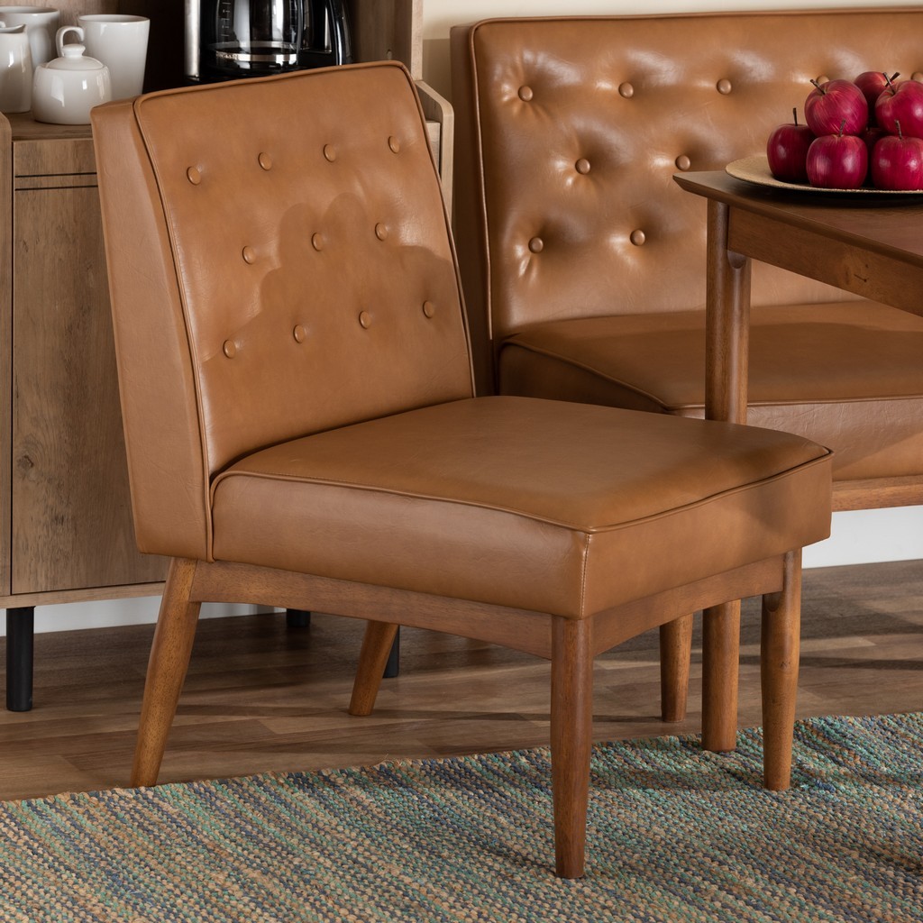 Wholesale Interiors Baxton Studio Riordan Mid-Century Modern Tan Faux Leather Upholstered and Walnut Brown Finished Wood Dining Chair - Wholesale Interiors BBT8051.13-Tan/Walnut-CC