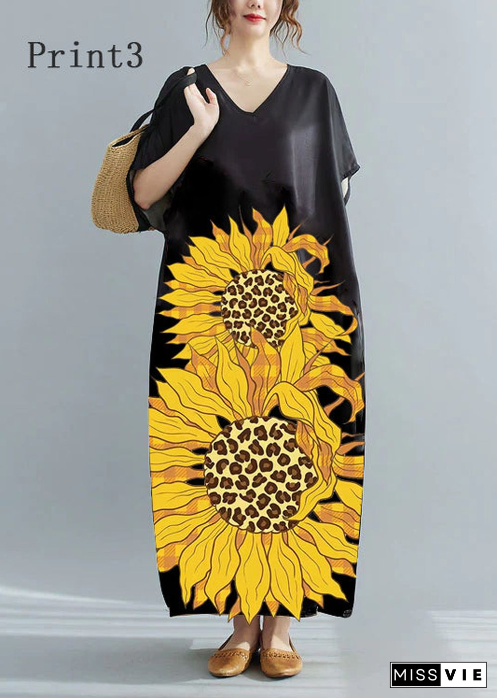 Loose Black - texture V Neck Oversized Leaf Print Chiffon Long Dress Short Sleeve