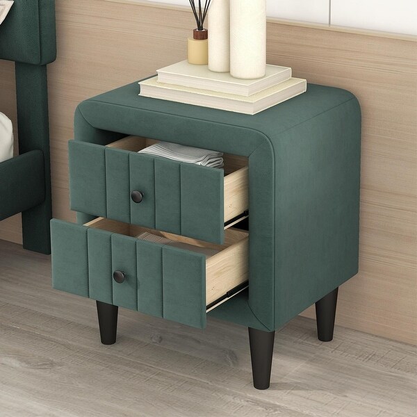 Modern Upholstered Wooden Nightstand with 2 Drawers， Velvet Bedside End Table with Knobs， Green - - 37970234