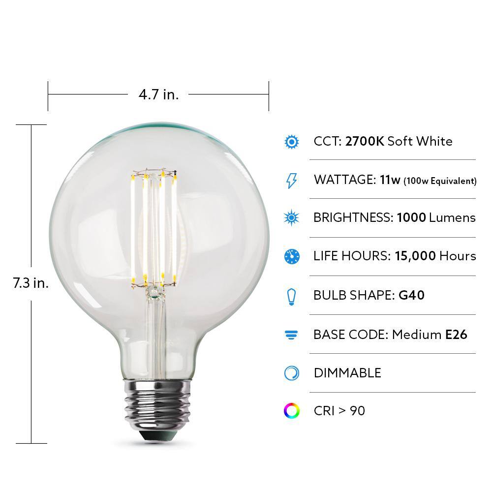 Feit Electric 100-Watt Equivalent G40 Dimmable Straight Filament Clear Glass E26 LED Vintage Edison Light Bulb Soft White G40100927CAFIL