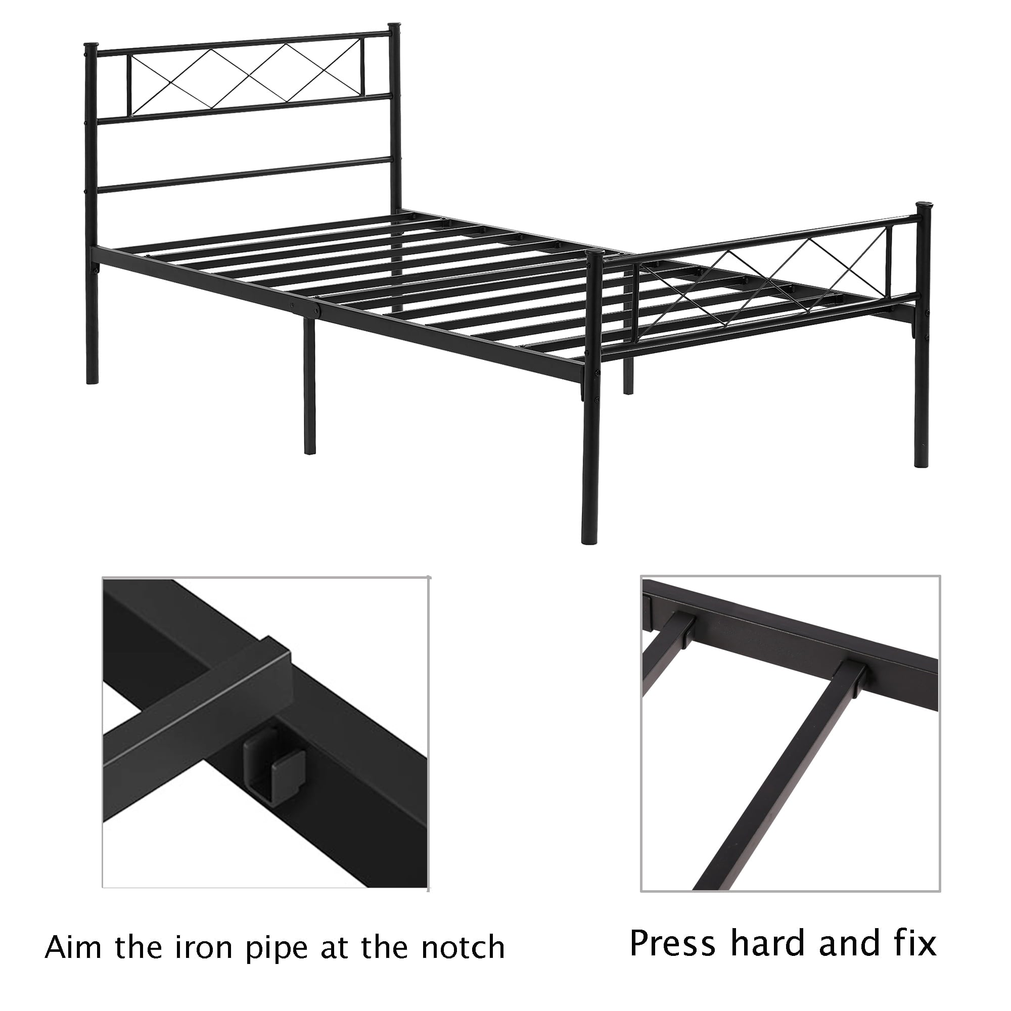 VECELO Metal Bed Frame with Headboard, Modern X-Design Platform Bed Heavy Duty Slat Support, Easy Assemly, Twin Size, Black