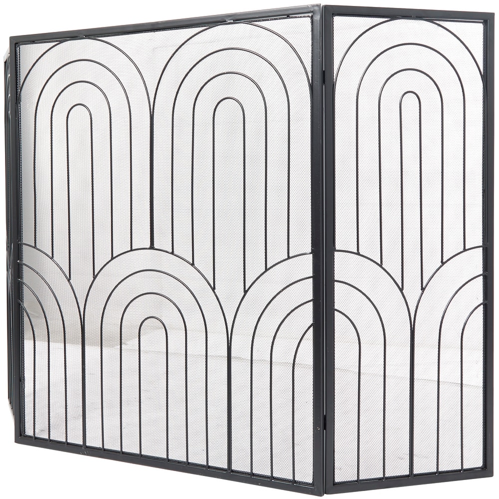 The Novogratz Black Metal Art Deco Inspired Foldable 3 Panel Geometric Fireplace Screen with Mesh Netting