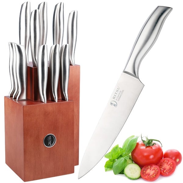 12 Pieces German Steel Knife Set With Block And Steak Knives