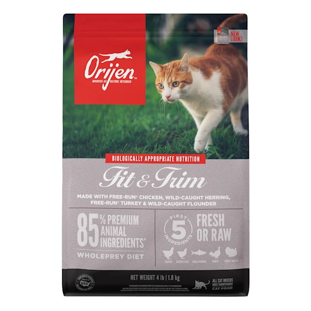 ORIJEN Grain Free Fit and Trim Support Healthy Weight Fresh and Raw Animal Ingredients Dry Cat Food， 4 lbs.