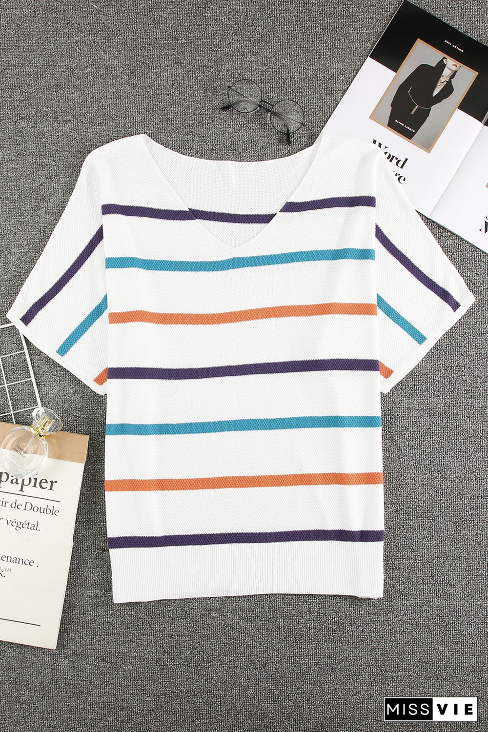 Plus Size Multicolor Striped Knit Short Sleeve Top