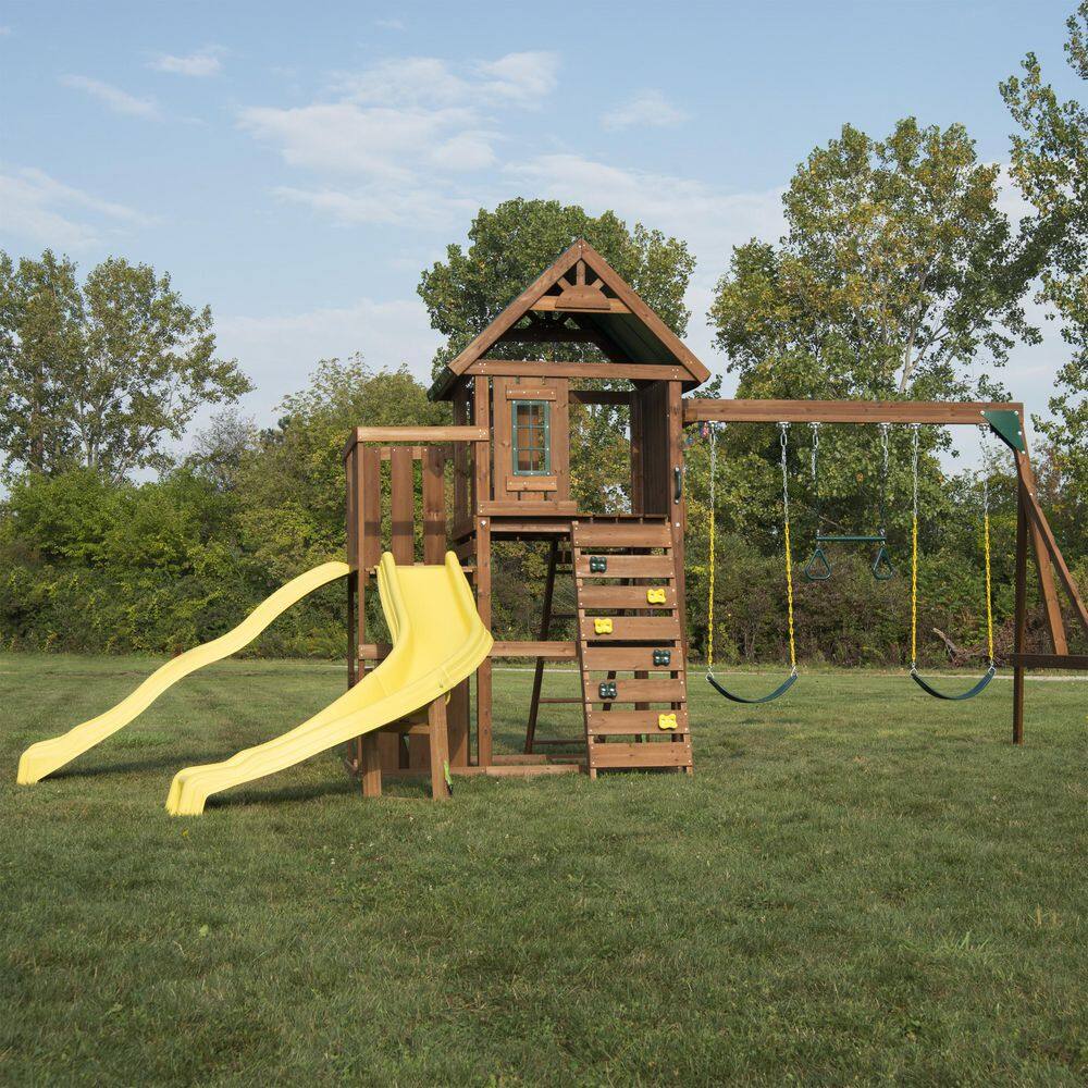 Swing-N-Slide Playsets Castlebrook Ready-To-Assemble Wooden Outdoor Playset with 2 Slides Rock Wall Swings and Swing Set Accessories WS 8355