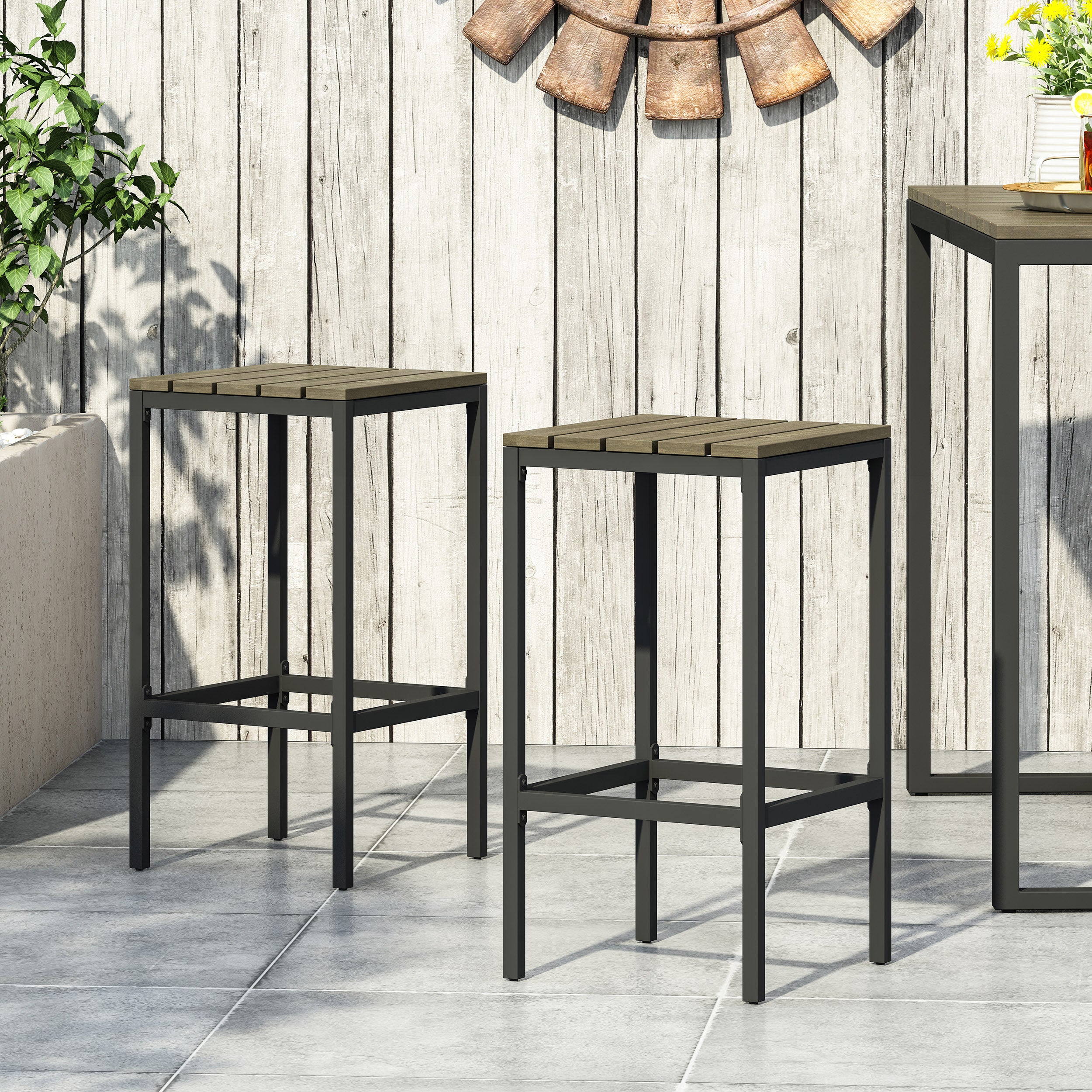 Arath Outdoor Modern Industrial Acacia Wood Bar Stools (Set of 2)