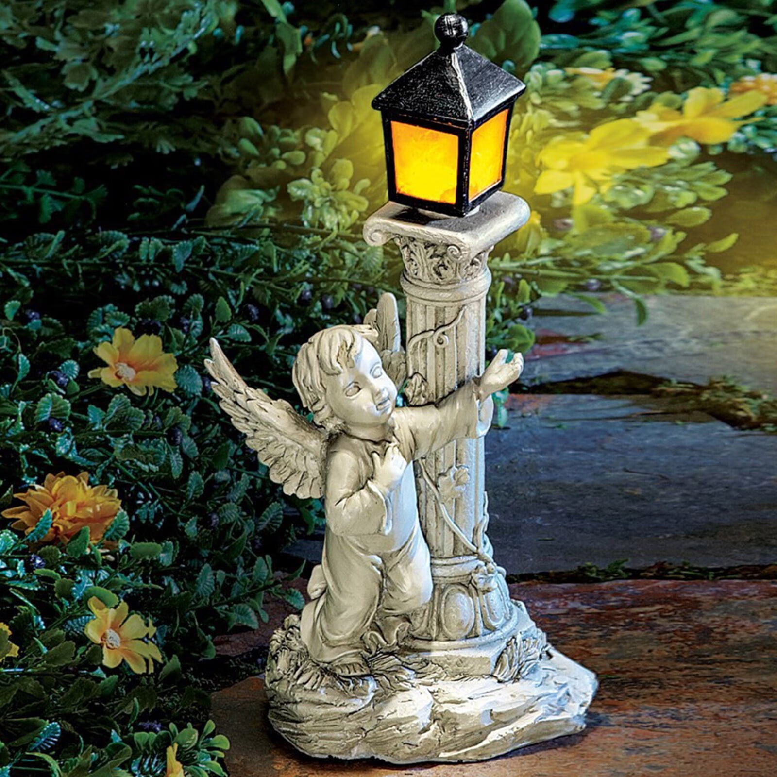 ForestYashe Roman Pillar Angel Statue Garden Figurine Sculptures Solar Energy Lamp Light Resin Desktop Ornament a