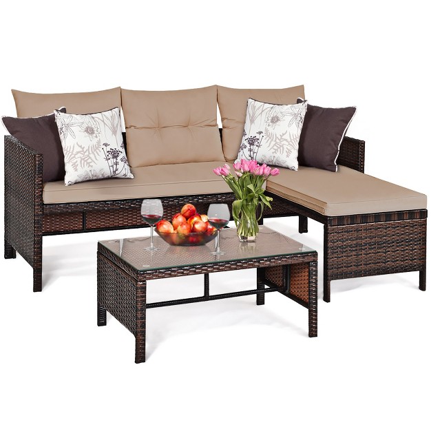 Costway 3pc Patio Sofa Set Outdoor Sectional Conversation Set Rattan Wicker