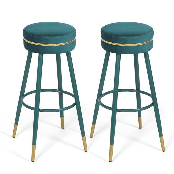 Adeco Velvet Bar Stools， Set of 2 Round Upholstered Breakfast Stools Footrest - 20.5