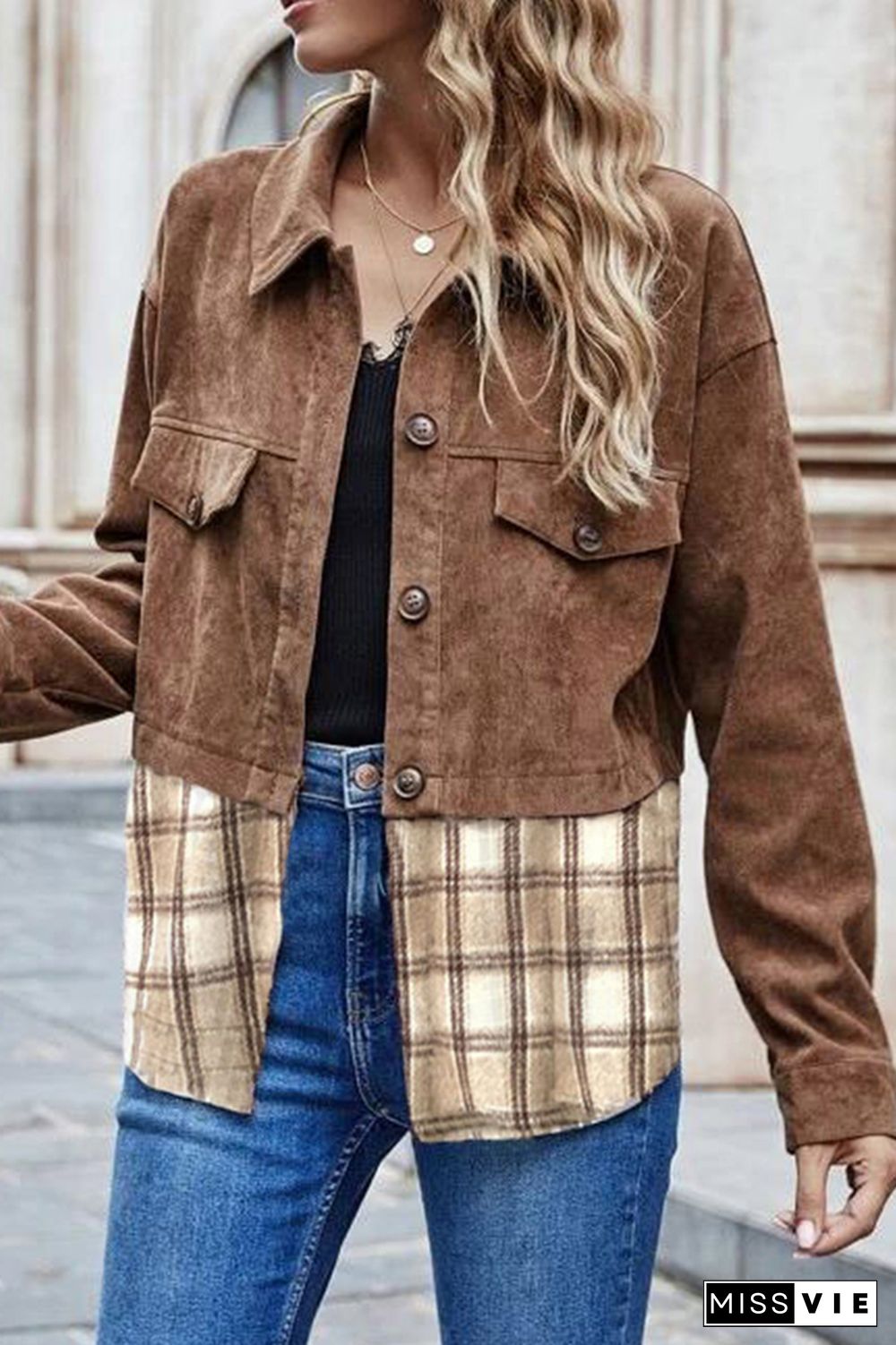 Corduroy Splice Plaid Shacket Jacket Women Wholesale