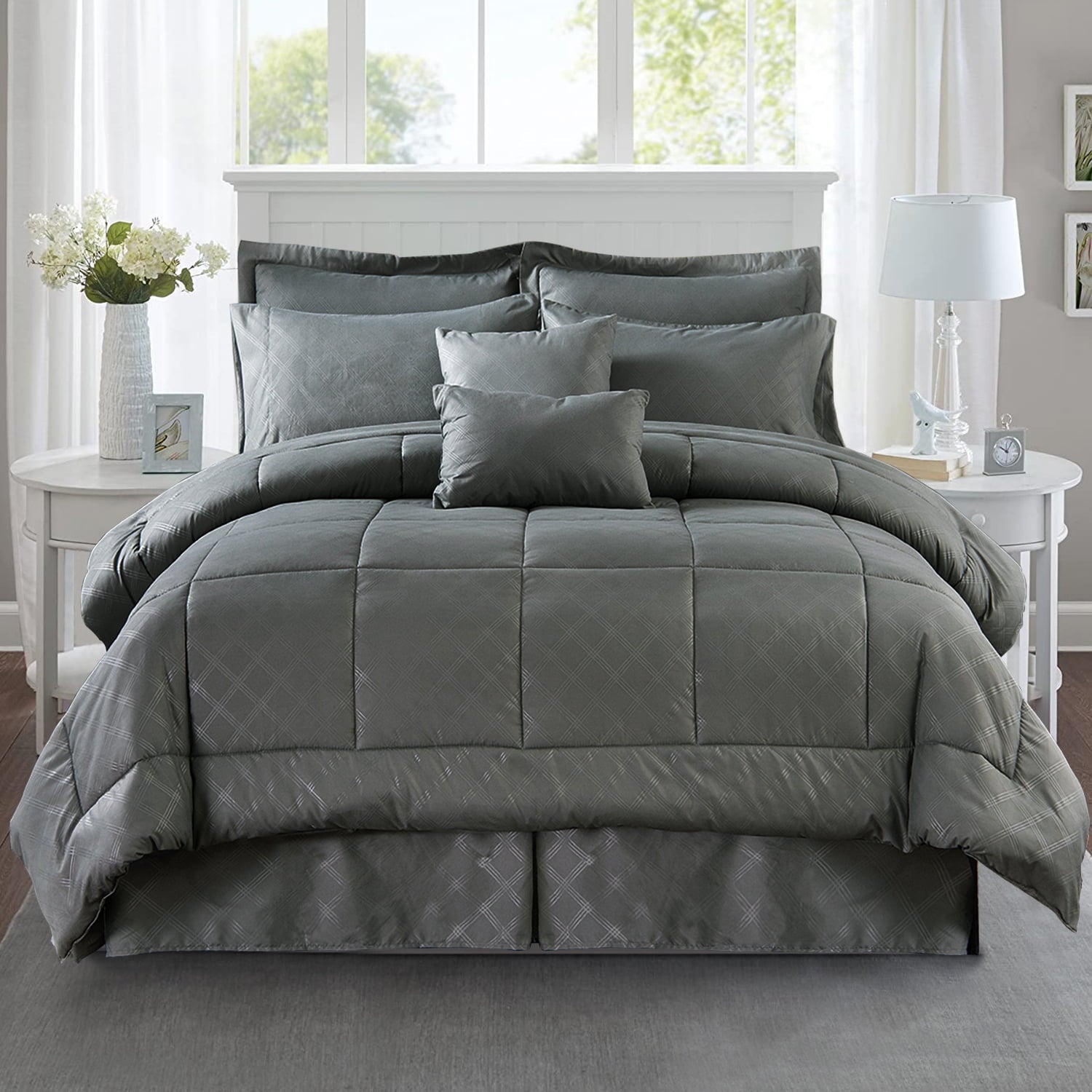 JML 10 Piece Bed in a Bag Quilted Diamond Comforter Set with Sheets， Queen， Grey