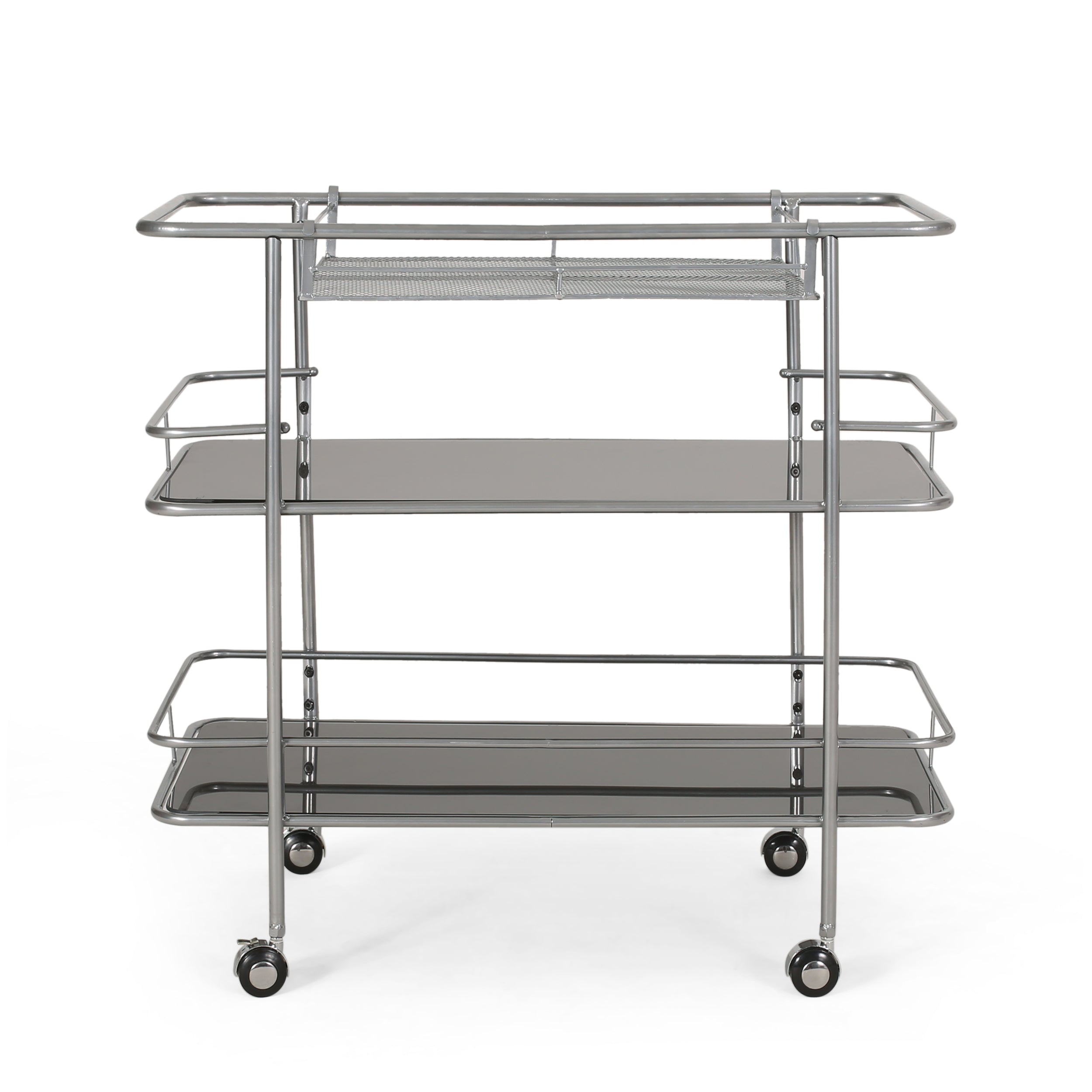 Galata Modern 3 Tier Bar Cart with Glass Shelving, Silver and Black