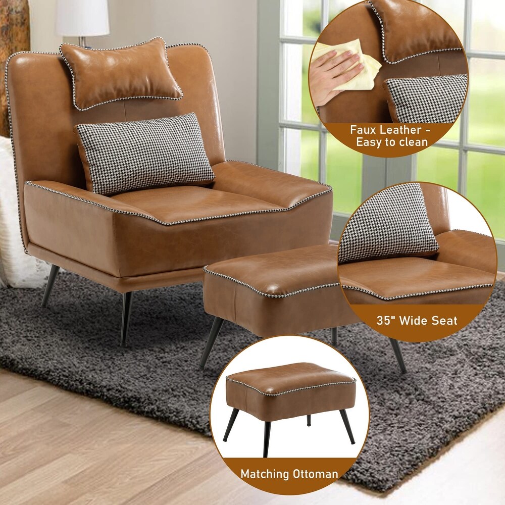 Accent Chair with Ottoman  Upholstered Faux Leather Chairs for Living Room Bedroom Lounge Chair  Modern Sofa Chair with Ottoman