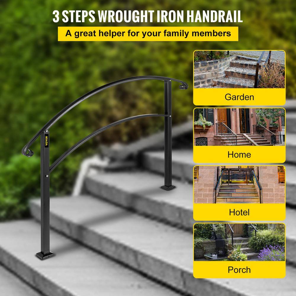 VEVOR Handrails Fit 1 to 3 Steps Stair Railing Wrought Iron Handrail Front Porch Hand Rail for Outdoor Steps Black 3FTHWTYFSBLACK001V0