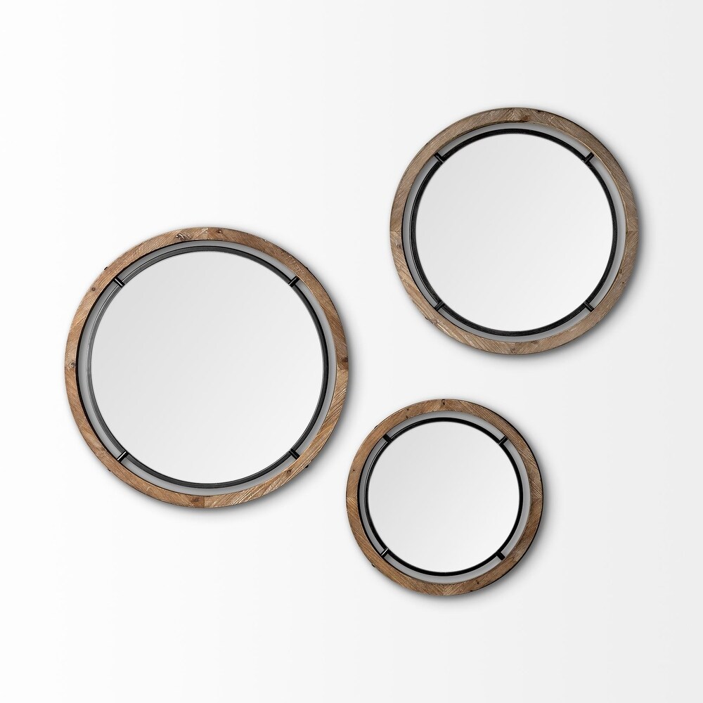 Josi Brown Solid Wood With Black Metal Frame Round Mirror   28\